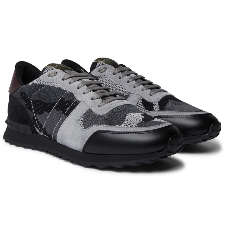 Photo: Valentino - Valentino Garavani Rockrunner Camouflage-Print Stretch-Knit, Leather and Suede Sneakers - Gray