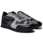 Valentino - Valentino Garavani Rockrunner Camouflage-Print Stretch-Knit, Leather and Suede Sneakers - Gray