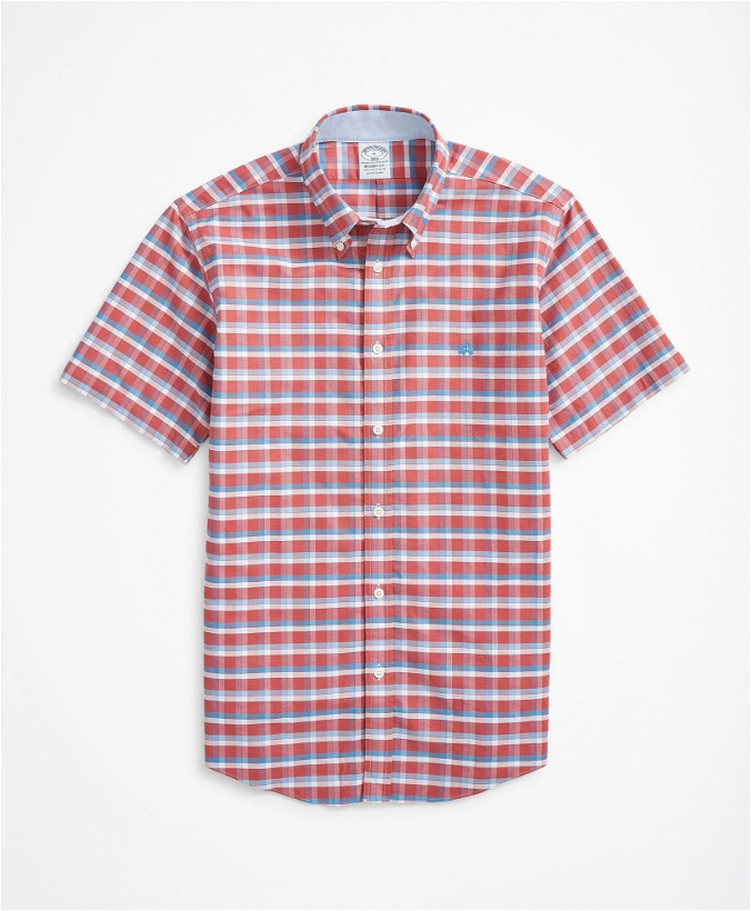 Photo: Brooks Brothers Men's Stretch Regent Regular-Fit Short-Sleeve Sport Shirt, Non-Iron Checked Oxford | Light Red