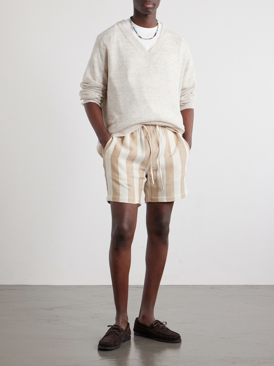 Kardo - Olbia Straight-Leg Striped Cotton Drawstring Shorts - Neutrals