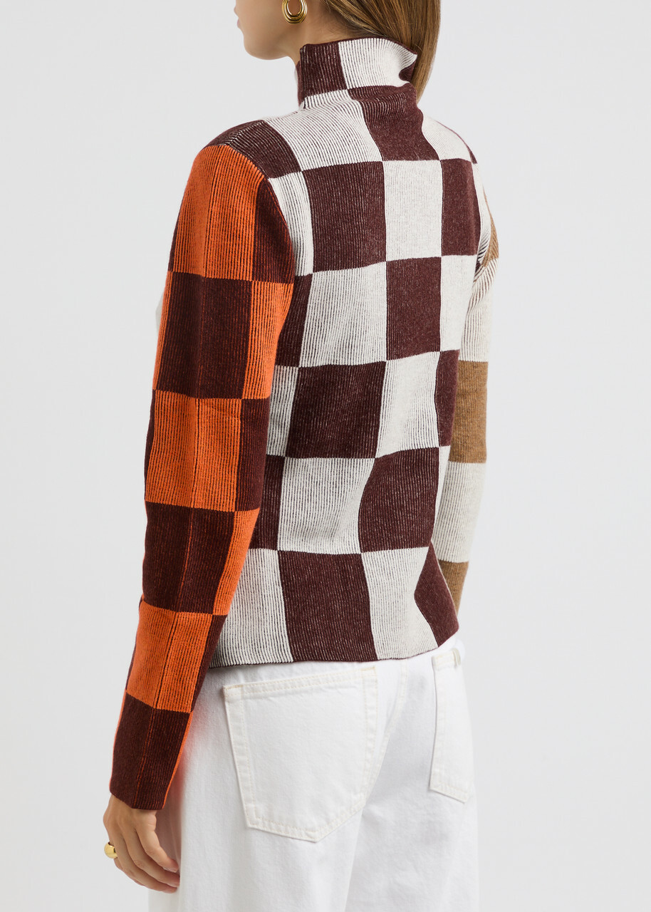 Stine Goya Colour-block Checked Ribbed-knit Jumper Brown