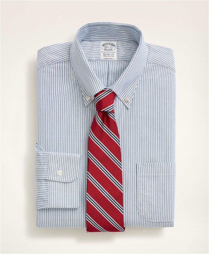 Photo: Brooks Brothers Men's Regent Regular-Fit American-Made Oxford Cloth Button-Down Stripe Dress Shirt | Blue
