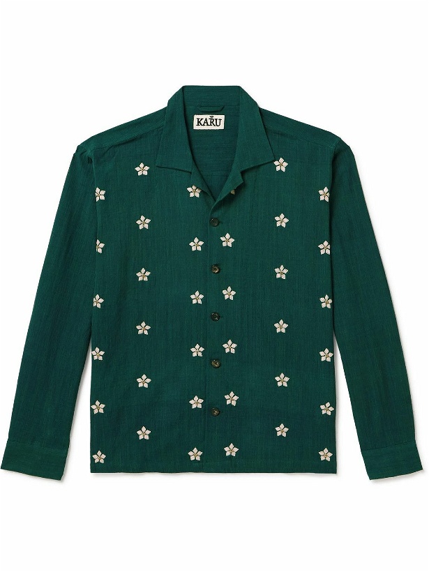 Photo: Karu Research - Camp-Collar Embellished Embroidered Cotton Shirt - Green