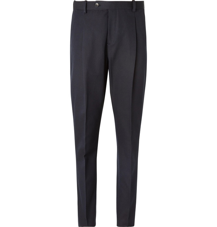 Photo: Mr P. - Slim-Fit Pleated Cotton-Blend Twill Trousers - Blue