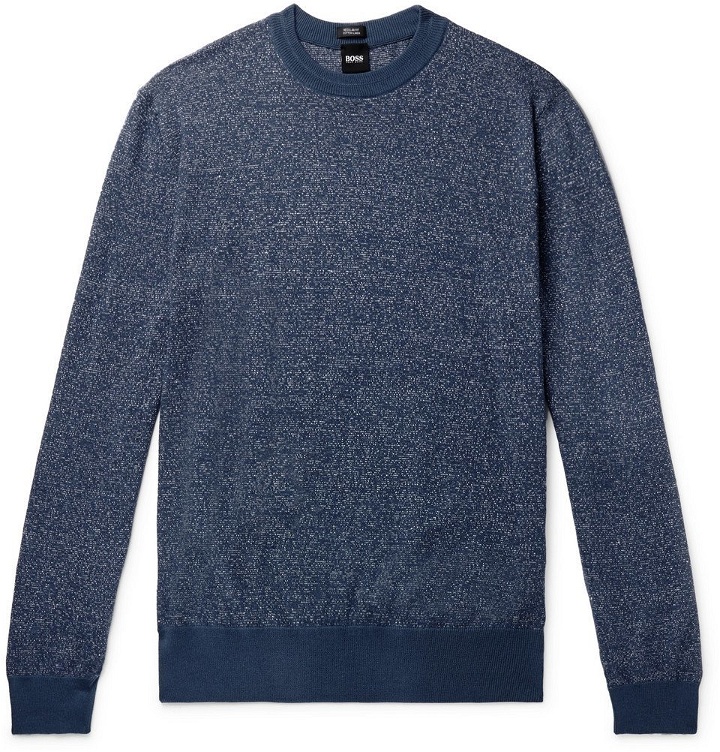 Photo: Hugo Boss - Franio Mélange Cotton and Linen-Blend Sweater - Blue