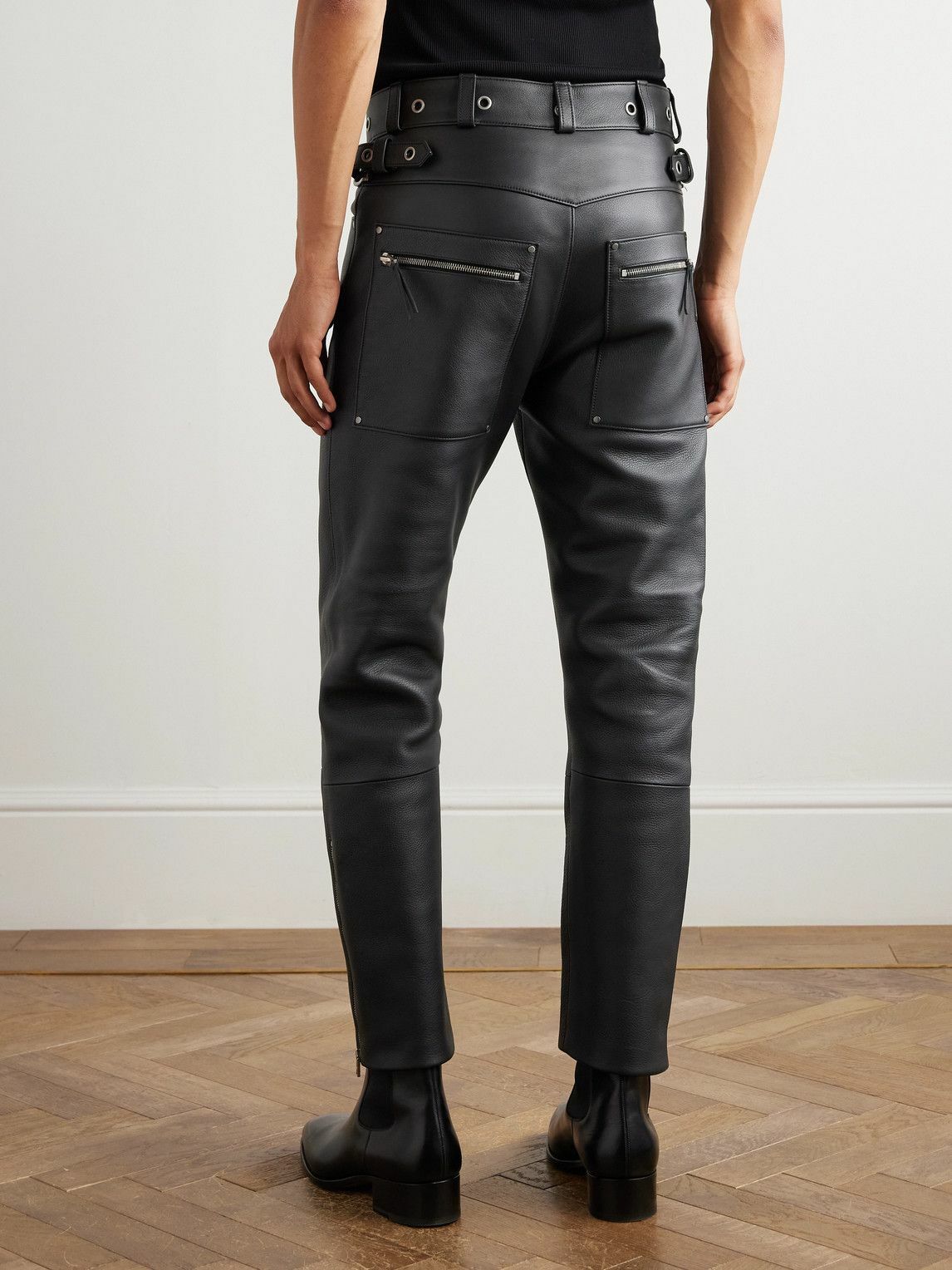 TOM FORD - Straight-Leg Eyelet-Embellished Paneled Full-Grain Leather Trousers - Black