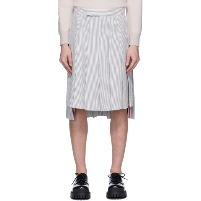 Photo: Thom Browne White and Grey Seersucker Backstrap Knee-Length Skirt