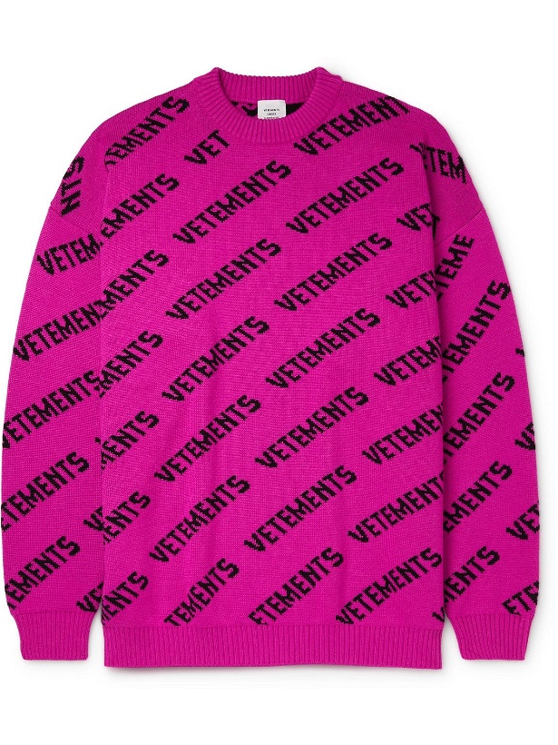 Photo: VETEMENTS - Oversized Logo-Jacquard Merino Wool Sweater - Pink