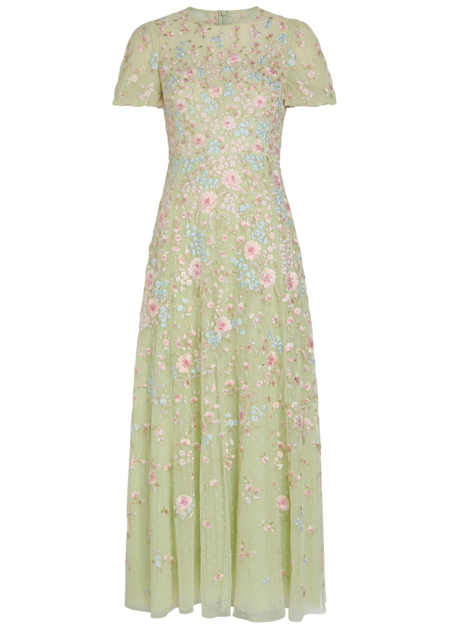Needle & Thread Peony Floral-embroidered Tulle Midi Dress Light Green