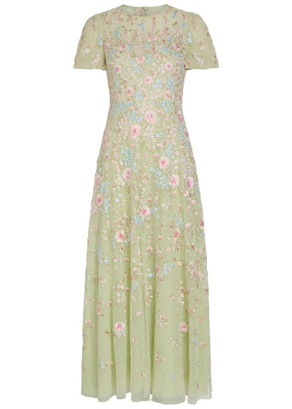 Photo: Needle & Thread Peony Floral-embroidered Tulle Midi Dress Light Green