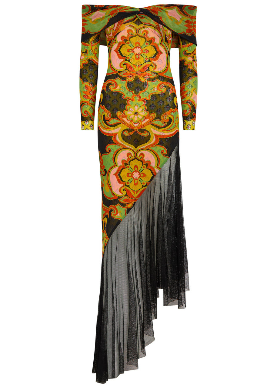 Etro Floral Print Tulle Asymmetric Mesh Maxi Dress Black