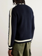 Moncler - Slim-Fit Logo-Appliquéd Striped Ribbed Cotton and Quilted Shell Down Cardigan - Blue