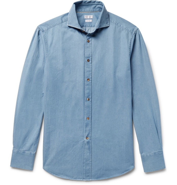 Photo: Brunello Cucinelli - Slim-Fit Cutaway-Collar Washed-Denim Shirt - Mid denim