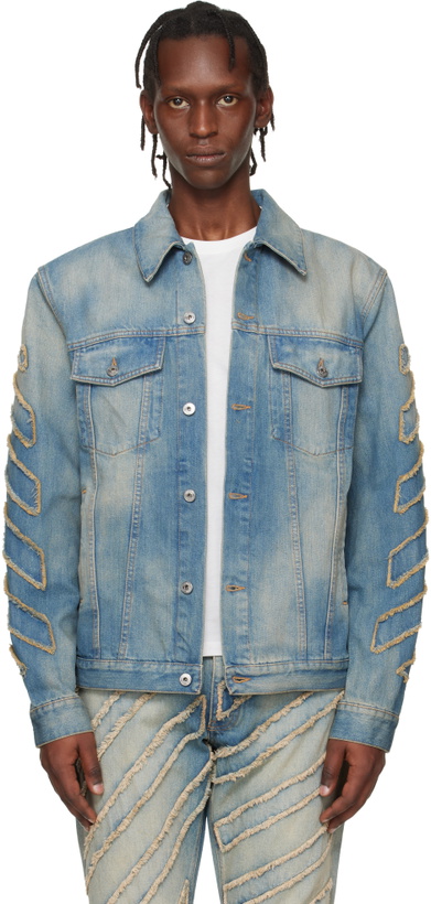 Photo: Off-White Blue Diagonal Raw Patch Denim Jacket