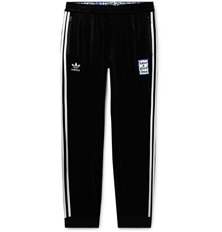 Photo: adidas Consortium - Have a Good Time Tapered Logo-Embroidered Striped Velour Sweatpants - Men - Black