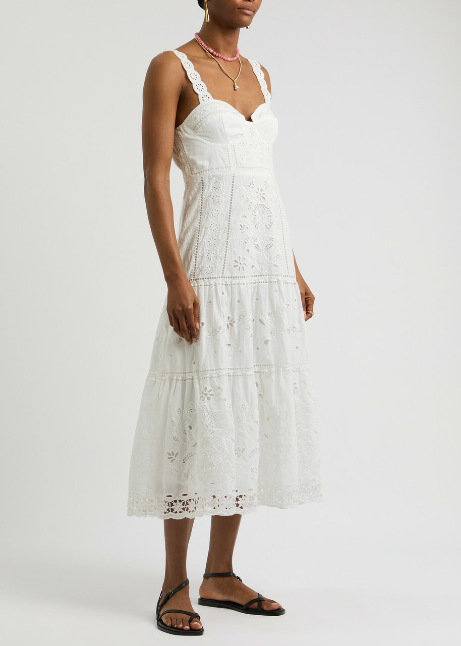 Farm Rio Richillieu Broderie Anglaise Cotton Midi Dress Off White Farm Rio
