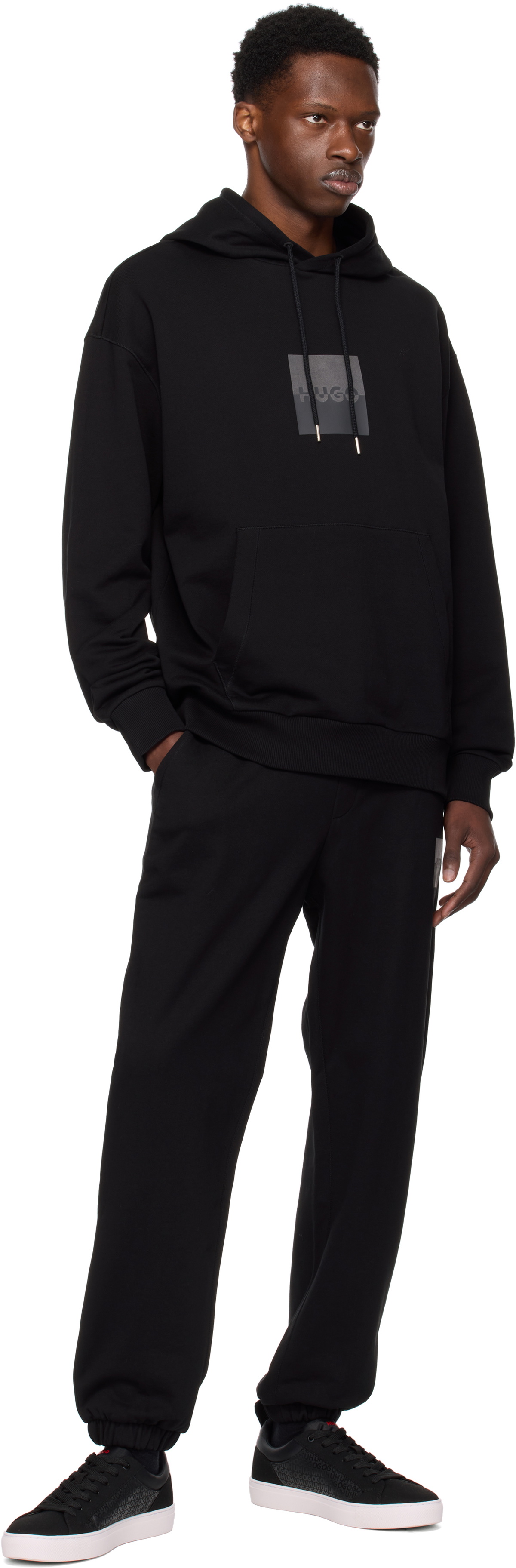 Hugo Black Relaxed-Fit Split Logo Hoodie