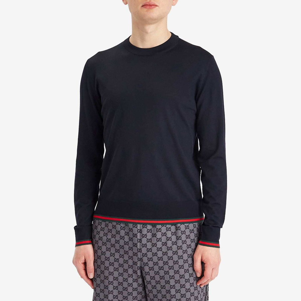 Gucci Men's Fine Gauge Wool Crew Neck Knit in Ink/Green/Red