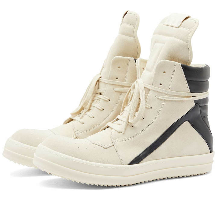 Photo: Rick Owens Men's Suede Geobasket Sneakers in Milk/Black/Milk