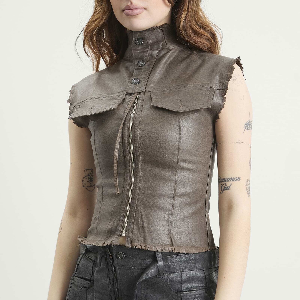 Ottolinger Women's Glazed Denim Zip Top in Brown