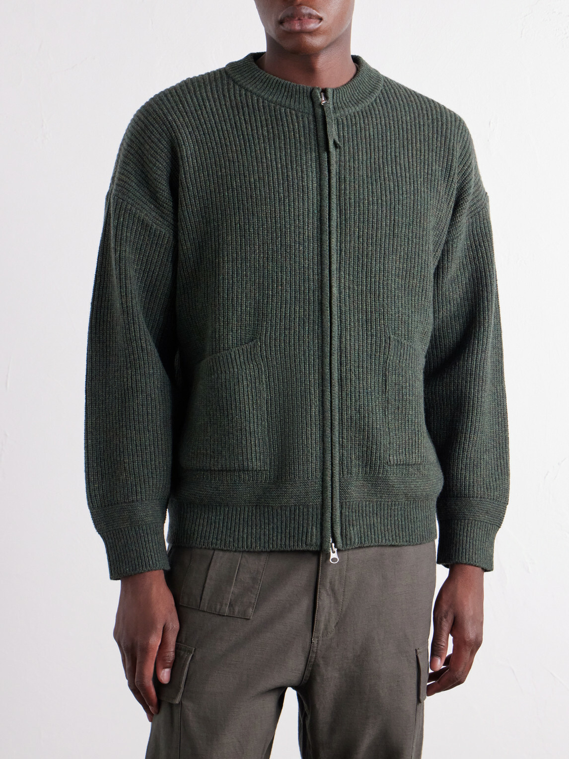 FrizmWORKS - Ribbed-Knit Wool-Blend Zip-Up Cardigan - Green