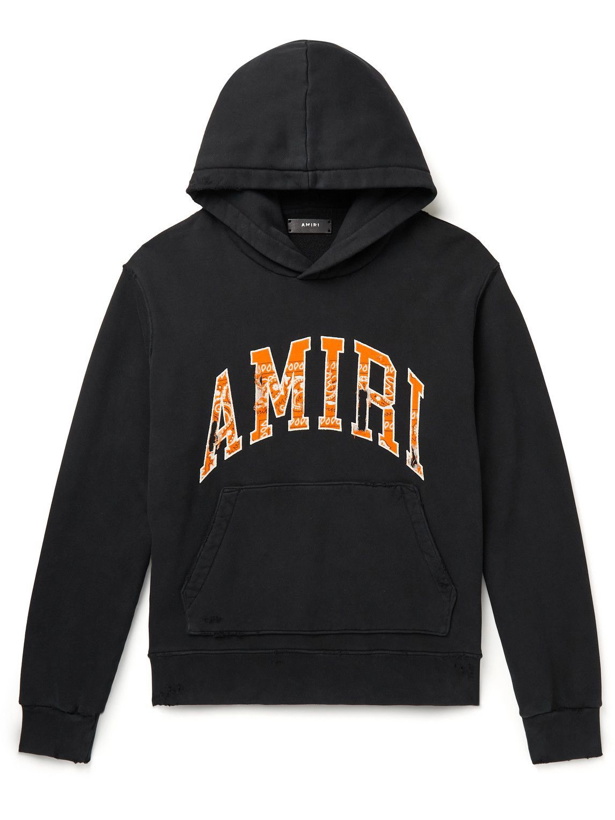 Photo: AMIRI - Distressed Logo-Appliquéd Cotton-Jersey Hoodie - Black