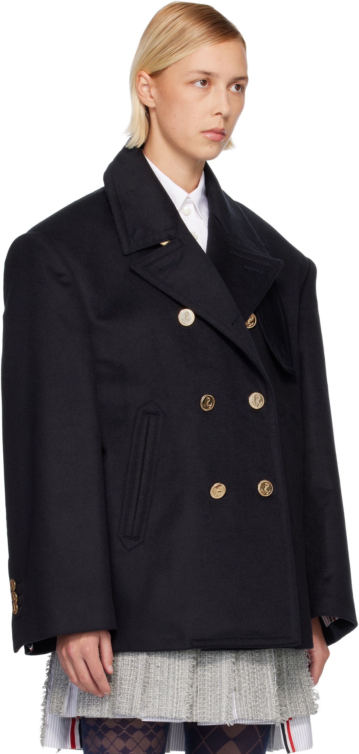 Thom Browne Navy Ziberline Finish Cashmere Oversized Pea Coat