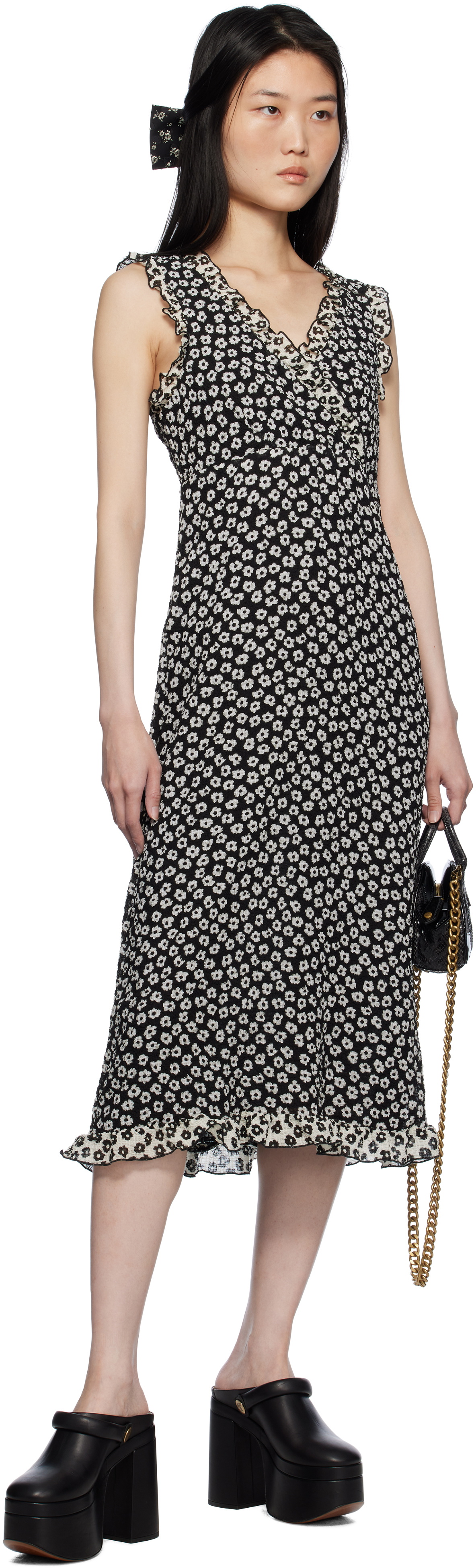 Anna Sui Black Daisy Pucker Midi Dress