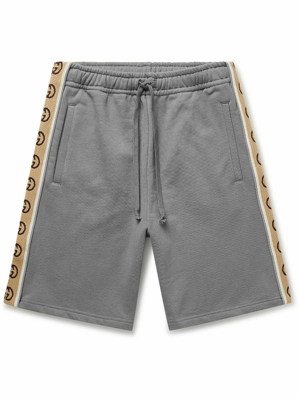 Photo: GUCCI - Wide-Leg Webbing-Trimmed Cotton-Jersey Drawstring Shorts - Gray
