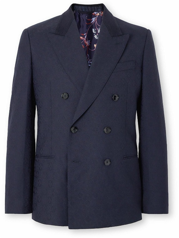 Photo: Etro - Double-Breasted Felt-Trimmed Wool-Jacquard Suit Jacket - Blue