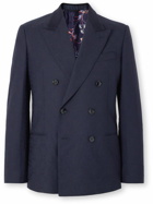 Etro - Double-Breasted Felt-Trimmed Wool-Jacquard Suit Jacket - Blue