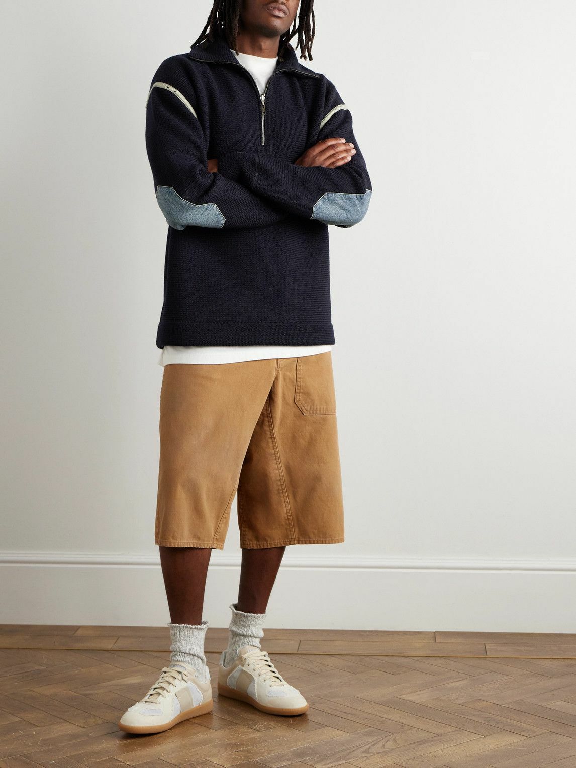 Maison Margiela - Denim-Trimmed Wool Half-Zip Sweater - Blue