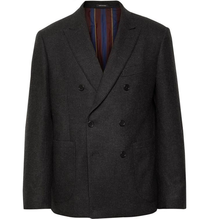 Photo: Noah - Dark-Grey Double-Breasted Checked Wool and Cashmere-Blend Blazer - Gray