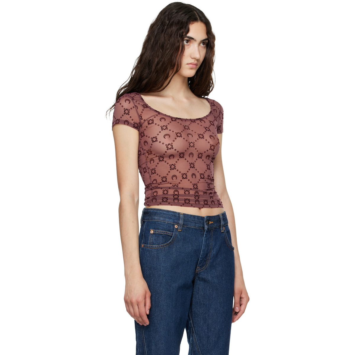 Marine Serre Burgundy Moonogram Mesh Flock T-shirt