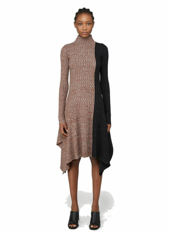 Photo: JW Anderson - Contrast-Knit Asymmetric Dress in Brown