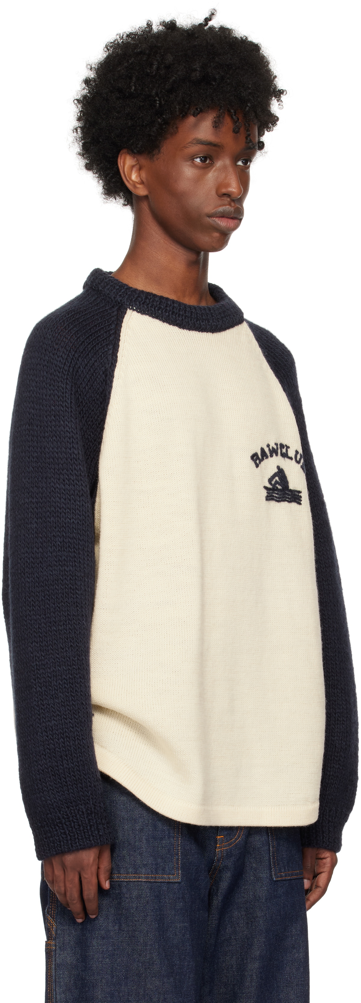 RICE NINE TEN Navy & Beige Hand Knitted Raglan Sweater
