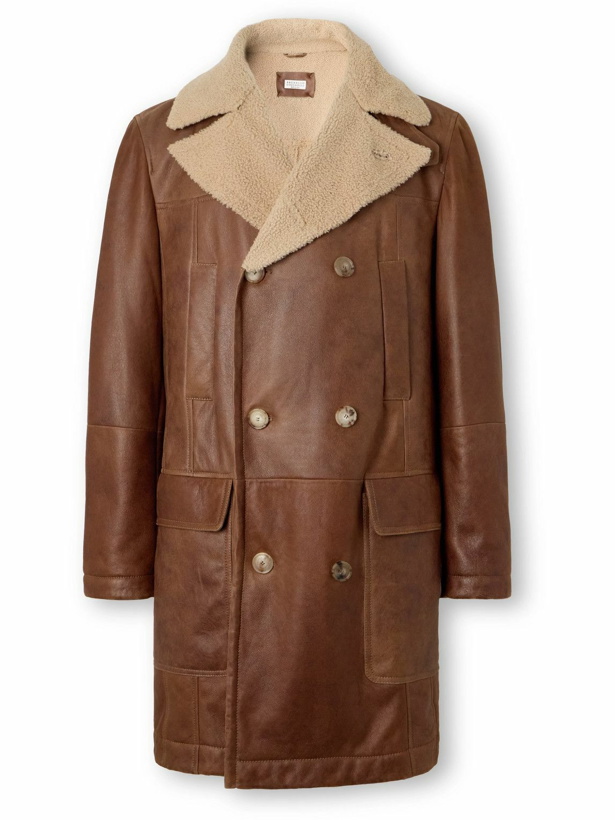 Photo: Brunello Cucinelli - Double-Breasted Shearling Peacoat - Brown