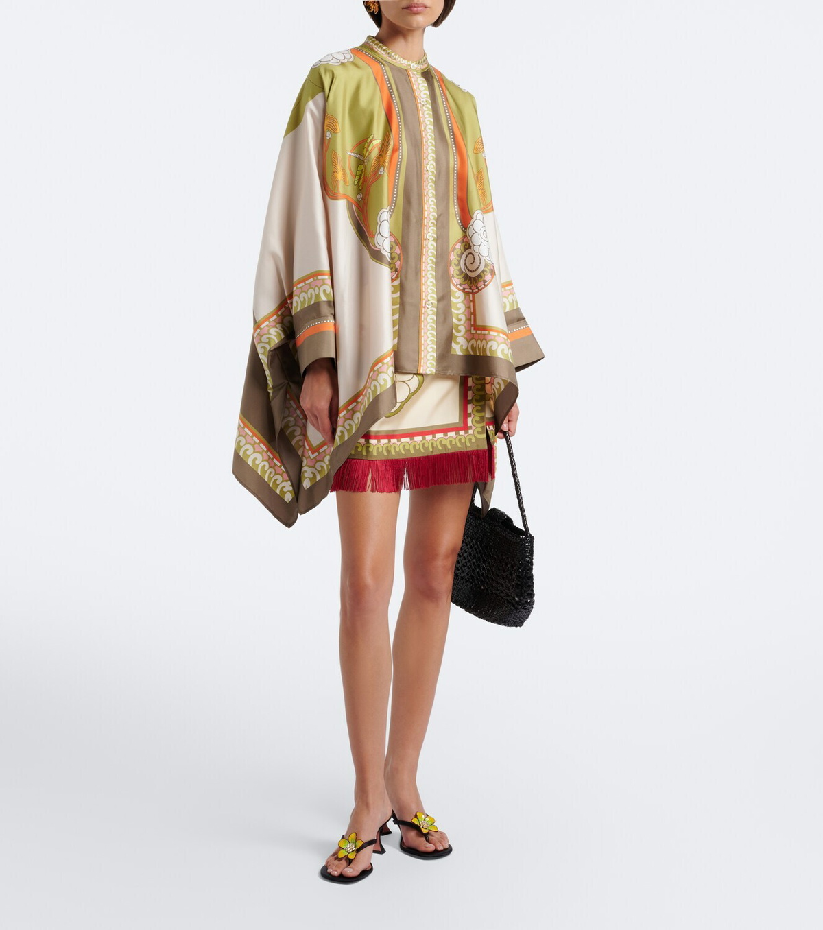 La DoubleJ Printed fringe-trimmed silk miniskirt