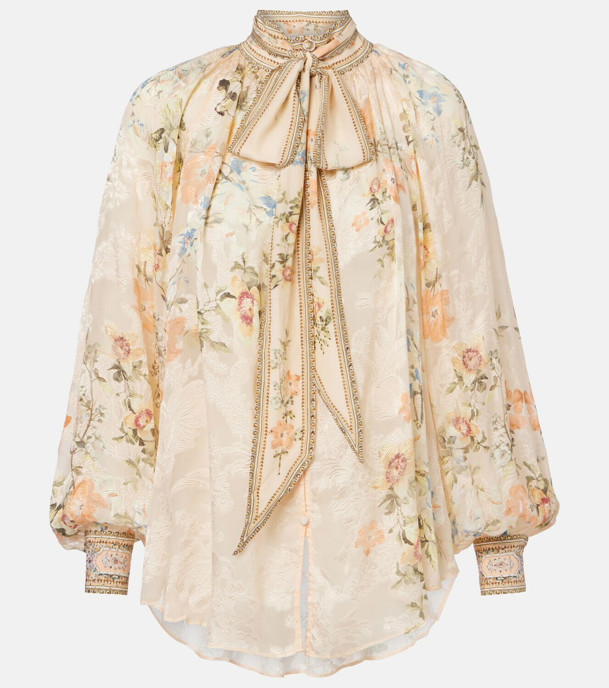 Camilla Embellished floral tie-neck silk-blend blouse
