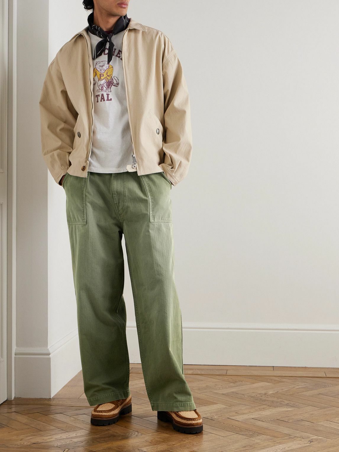 KAPITAL - Fatigue Wide-Leg Pleated Cotton-Herringbone Trousers - Green