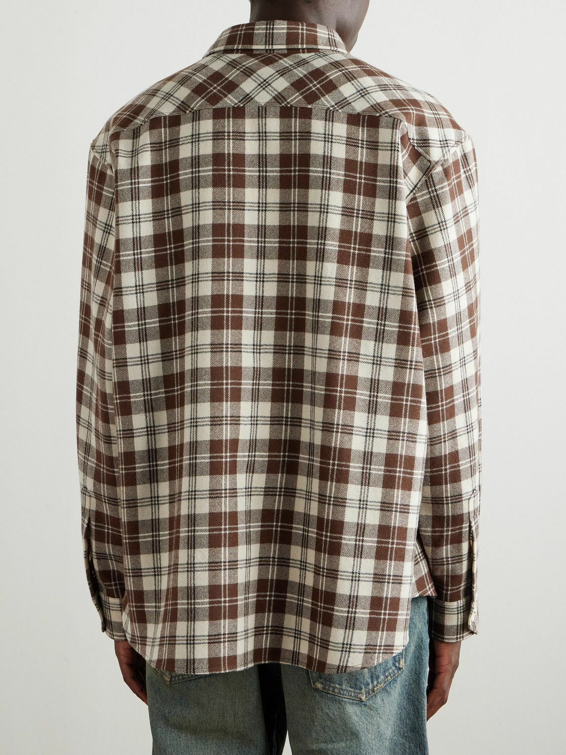 CELINE - Logo-Embroidered Checked Wool-Flannel Shirt - Neutrals