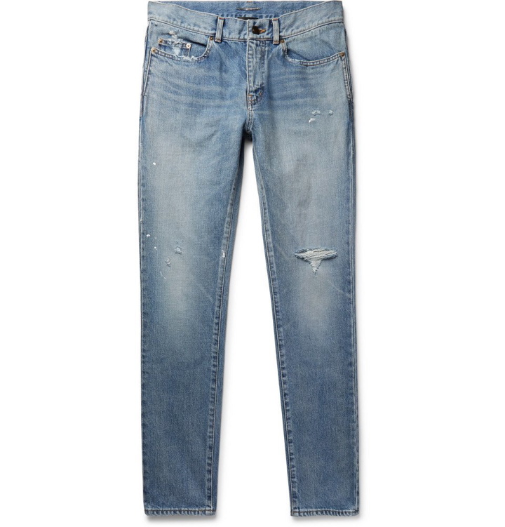 Photo: Saint Laurent - Slim-Fit 15cm Paint-Splattered Distressed Denim Jeans - Men - Light denim