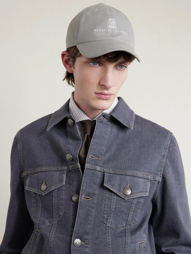Photo: Brunello Cucinelli - Logo-Embroidered Leather-Trimmed Cotton-Twill Baseball Cap - Green