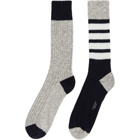 Thom Browne Navy and Grey Chunky Rib 4-Bar Mid-Calf Socks