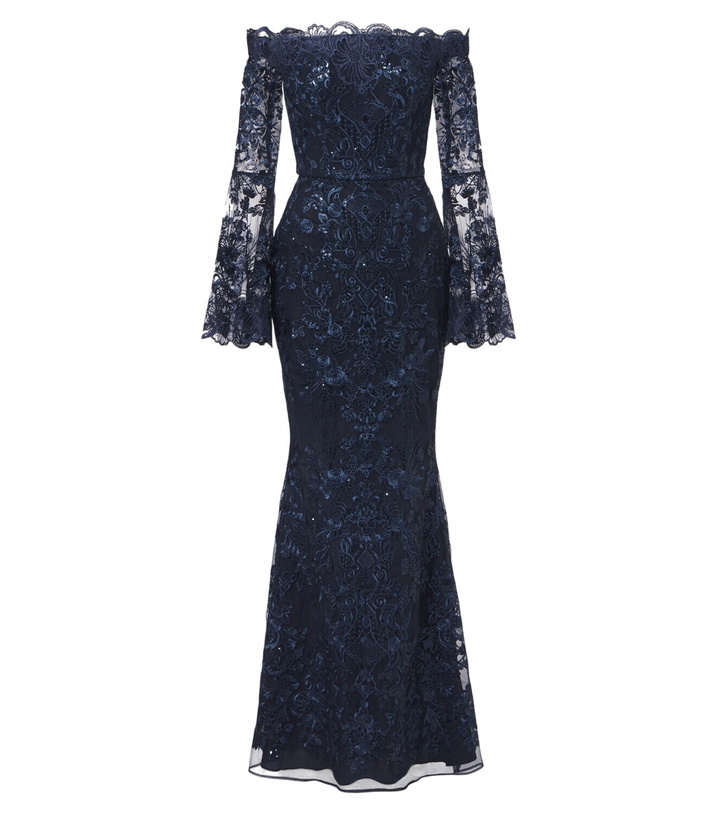 Photo: Elie Saab Sequined off-shoulder lace bustier gown