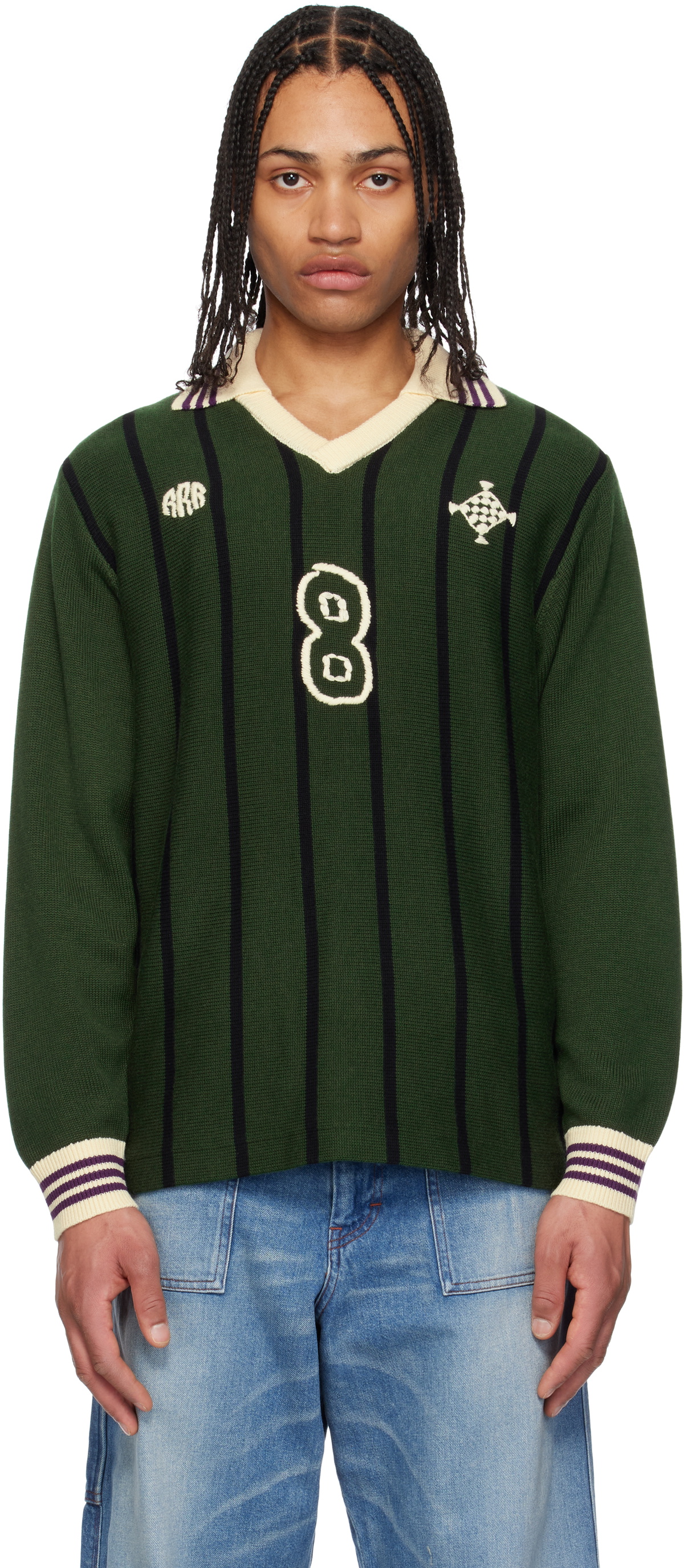 RICE NINE TEN Green Knitting Long Sleeve Soccer Jersey Polo