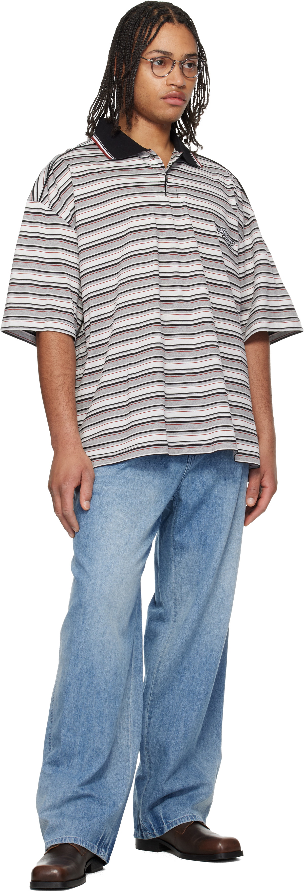 WOOYOUNGMI Gray & White Striped Polo