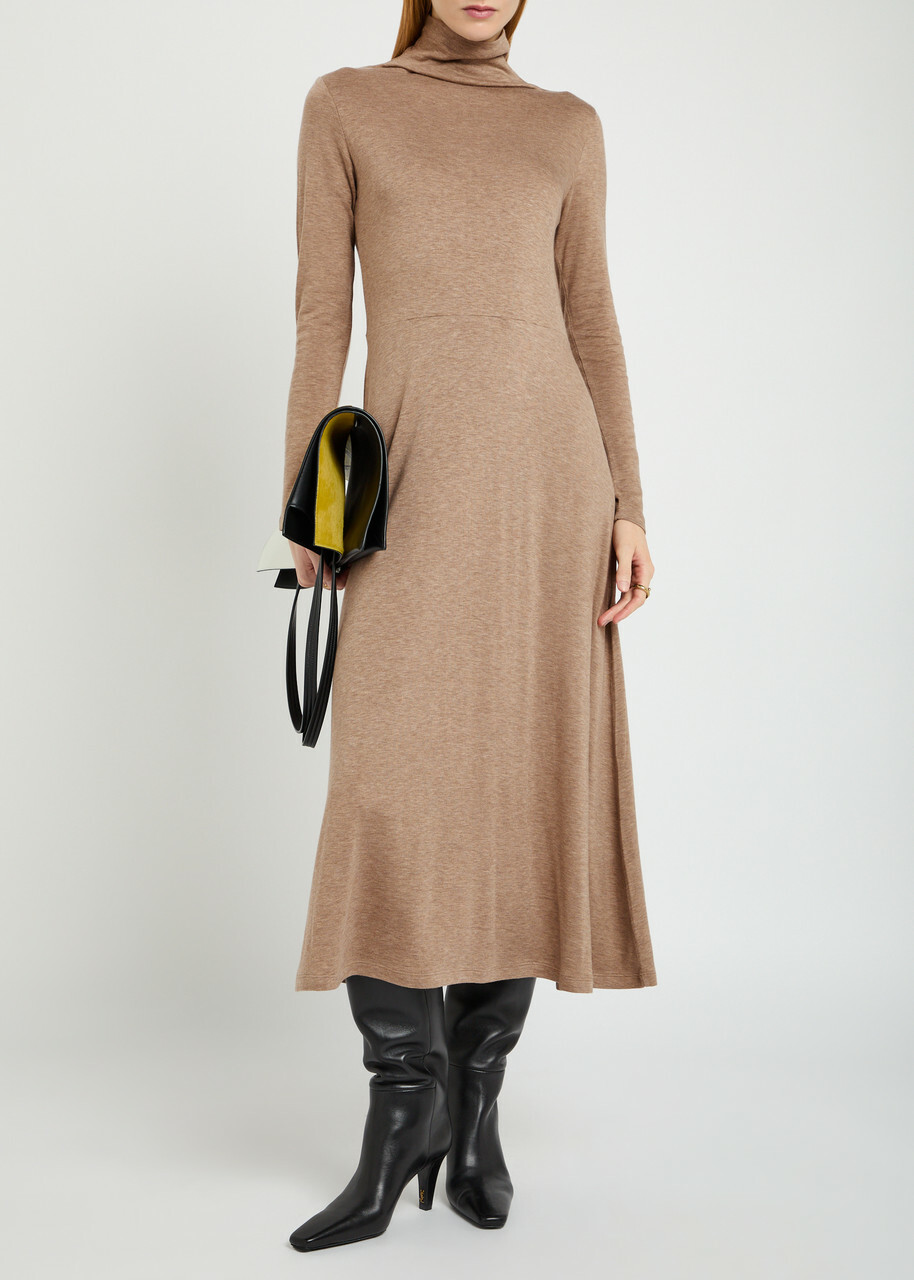 Vince Funnel-neck Jersey Midi Dress Beige