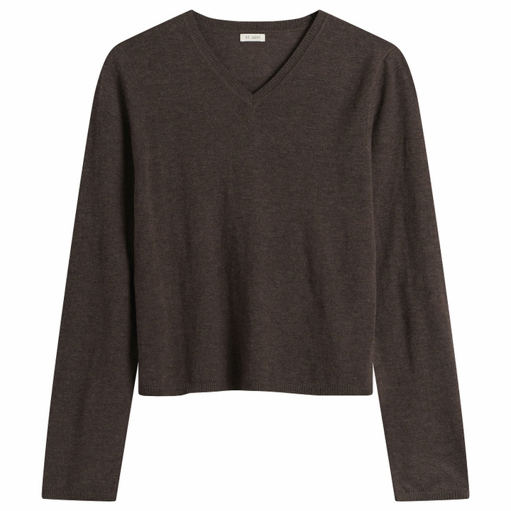Photo: ST. Agni Women's Fine Merino V Neck Sweater in Mulch