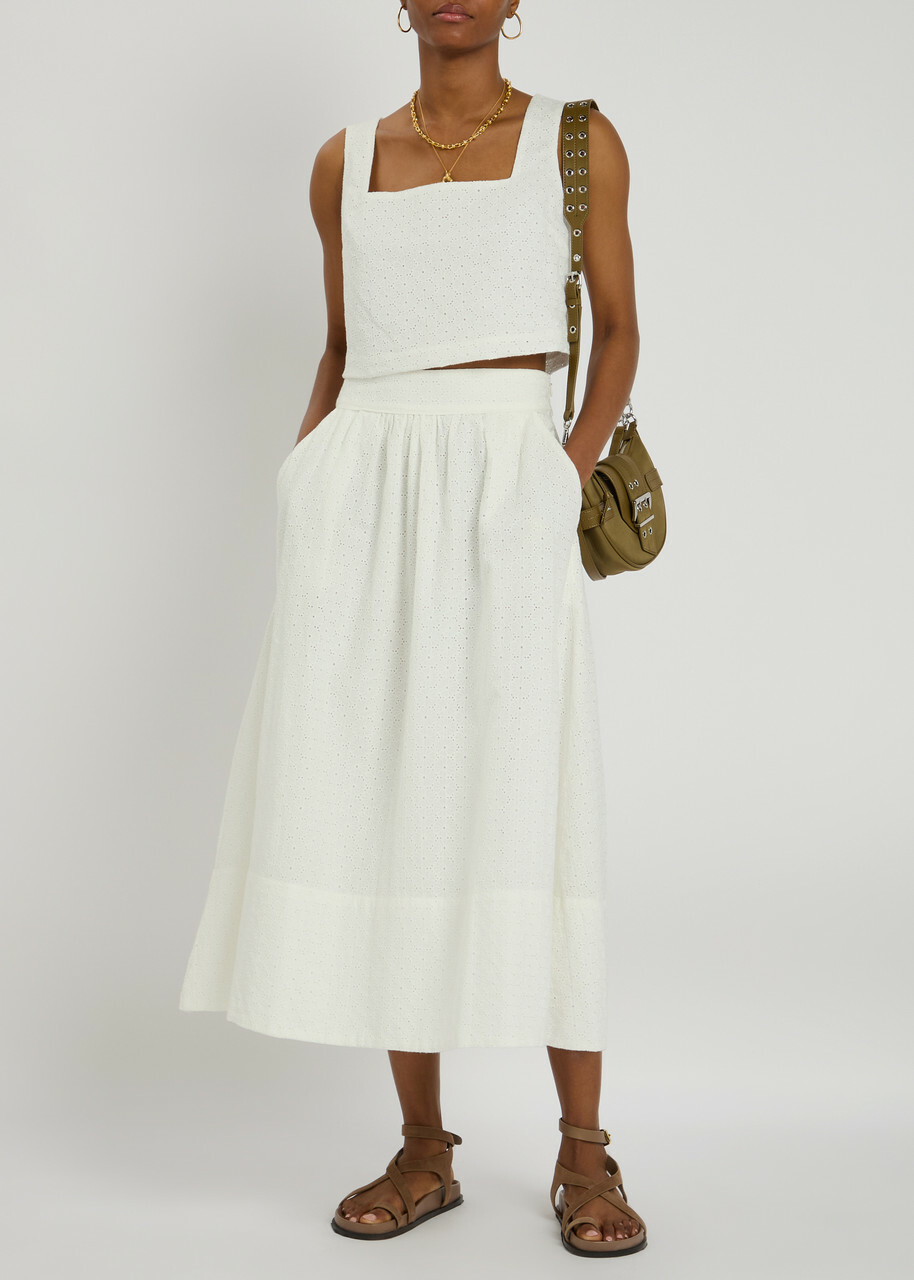 Paige Ojai Floral-embroidered Cotton Midi Skirt White